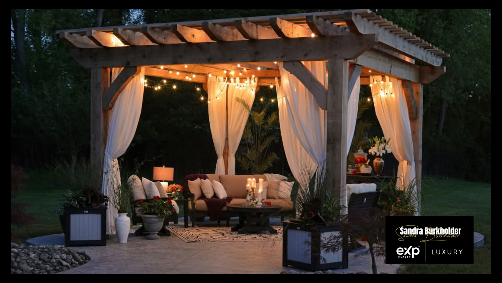 Lancaster luxury outdoor living: pergola at dusk with string lights